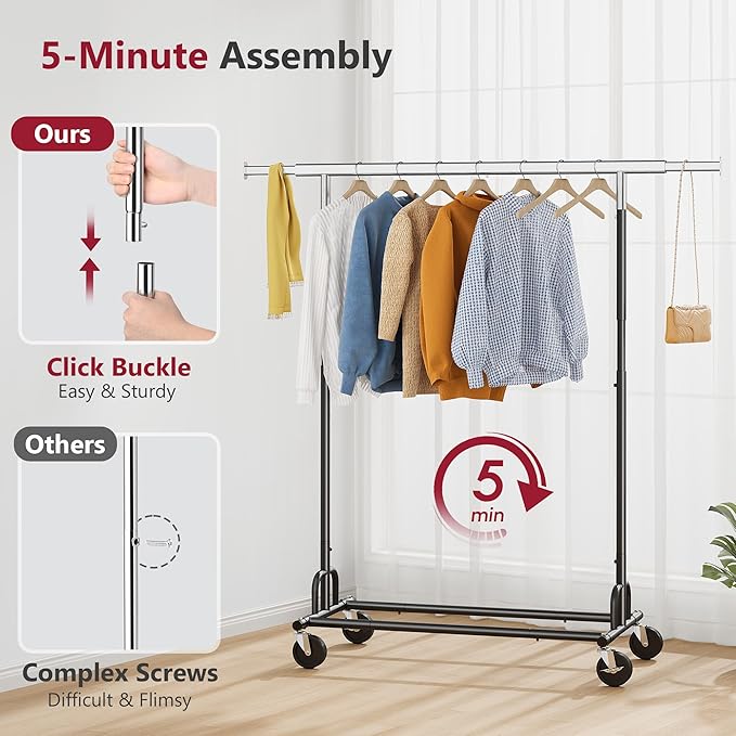 Tajsoon Clothes Rack Heavy Duty Clothing Rack Load 350 LBS, Rolling Clothing Rack for Hanging Clothes with Wheels & Extendable Rod, Collapsible Garment Rack with Bottom Shelf, Commercial, Black
