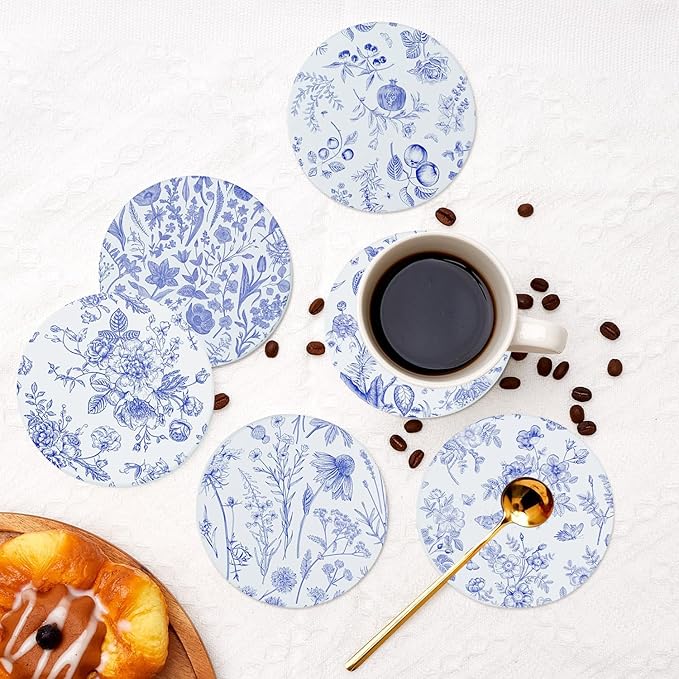 SHIYUE 6 Pack Blue and White Coasters with Holder, Absorbent Ceramic Coasters, Drinks Coffee Table Home Decor Housewarming Gift, 4 Inches(Flower Pattern)
