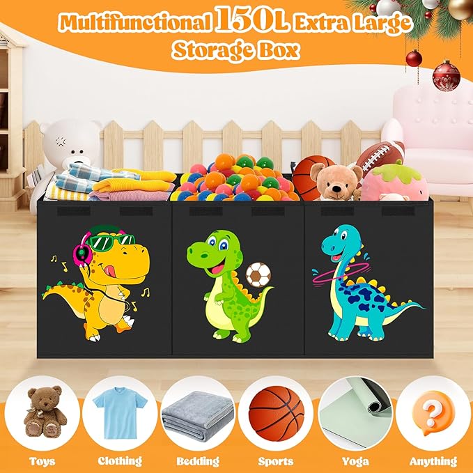 Extra Large Toy Box, Collapsible Toddlers Toy Chest Kids Storage Organizer, Dinosaur Bin Boxes Storage Basket with Lids for Boys, Girls, Living Room, Nursery, Playroom, 40"x14"x16", Black