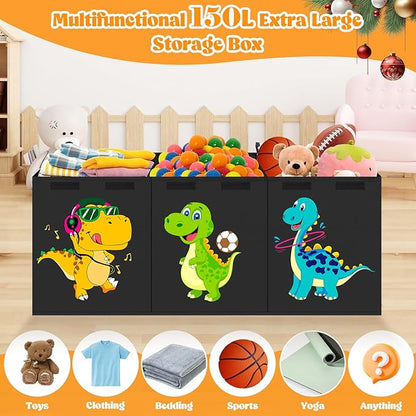 Extra Large Toy Box, Collapsible Toddlers Toy Chest Kids Storage Organizer, Dinosaur Bin Boxes Storage Basket with Lids for Boys, Girls, Living Room, Nursery, Playroom, 40"x14"x16", Black
