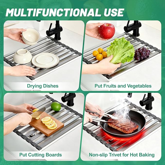 Hobychild 19" X 13" Roll Up Dish Drying Rack，Over The Sink Drying Rack 304 Stainless Steel Foldable Heat-Resistant Dishes Drainer for Kitchen and RV Sink Counter
