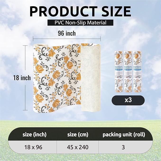 FIFTY FEET 18X96 Inch Shelf Liner for Kitchen Cabinets, PVC Drawer Liner for Dresser Non-Slip Bathroom, Non-Adhesive Cabinet Liner Washable (Yellow Floral)(3 Roll)