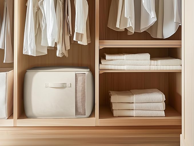 TomVista Large Canvas Clothes Storage Bags with Thick Handles and Clear Window, Foldable Cotton Linen Underbed Closet Organizer for Clothing, Blankets and Bedding, 60L, 6 Pack, Beige