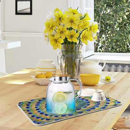 ZzWwR Beautiful Peacock Feathers Absorbent Dish Drying Mat Microfiber Kitchen Countertop Table Protector Multi-Purpose Counter Rack Sink Drainer Pad (16" x 18")