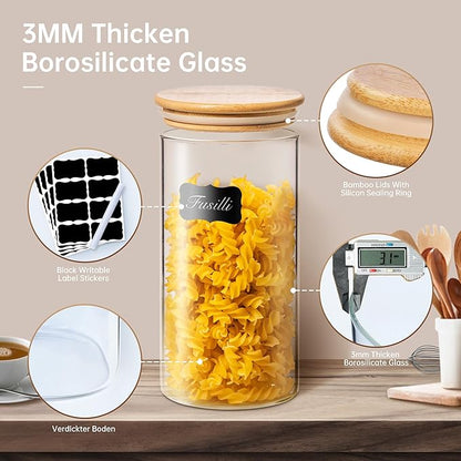 32oz & 21oz - 4 Pack Glass Jars with Bamboo Lids, Glass Pantry Storage Containers with Airtight Lids, Round Air Tigh Food Storage Canisters for Cereal, Pasta, Flour, Sugar, Best for Kitchen Organizer