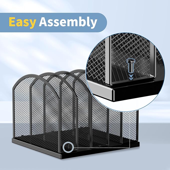 5-Section Vertical Desktop Organizer, 5-Section Mesh File Folder Stand Sorter for Office Home Classroom Organization (2, Black)