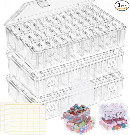 OUTUXED Bead Organizer Box, 108Pcs Small Clear Plastic Bead Storage, Mini Craft Storage Containers Boxes with Hinged Lid and Labels for Bracelets, Making DIY Jewelry Craft Nail, Screws, Seeds