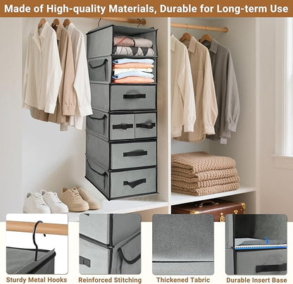 6-Tier Hanging Shelves with 5 Drawers & 3 Side Pocket,Durable Fabric Hanging Closet Organizer Holder with Sturdy Hook,Space-saving Storage Organization for Bedroom,Dorm,Guestroom,RV,Bathroom