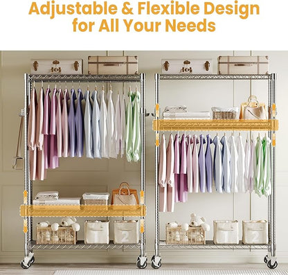 Garvee 3 Tier Clothes Rack with Wheels, Adjustable Shelves & 2 Hanging Rod, Heavy Duty Clothing Rack Closet Organizer Freestanding Wardrobe for Hanging Clothes, 75.6" H x 45.3" W x 15.8" D, Silver