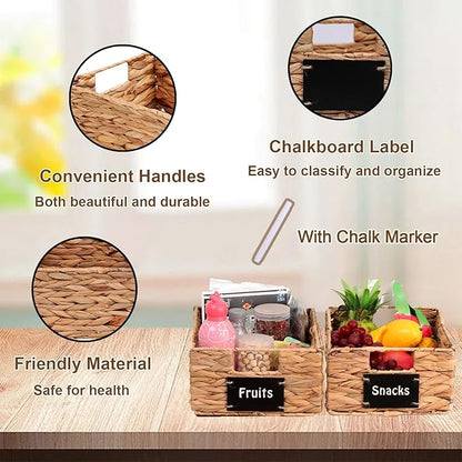 Set of 2 Water Hyacinth Storage Baskets 11x9x4.9inch Collapsible Wicker basket with Chalkboard Labels and Chalk Marker Rectangular Woven Storage Bin Organizers for Kitchen Shelves