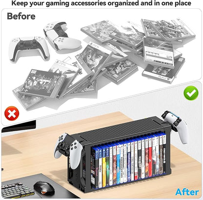 Video Game Storage Tower Holder with Controller Stand, Wall Mount Game Organizers and Storage for Nintendo Switch 2/ PS5/4/ XboxOne/Series, Vertical & Horizontal Stand for 20 Gaming Discs Accessories