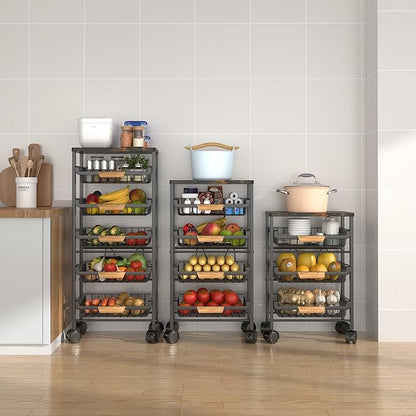 CarolynDesign 5 Tier Metal Wire Basket Cart on Wheels for Kitchen, Stackable Shelf Floor Standing Fruit Vegetable Storage Bins with Pull Out Drawers for Living Room Bedroom and Bathroom