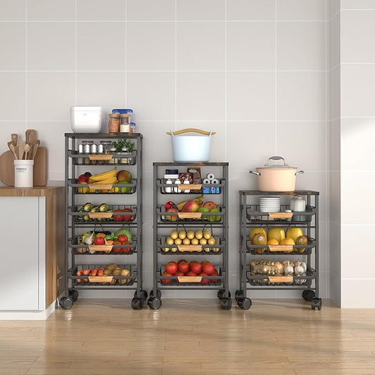 CarolynDesign 5 Tier Metal Wire Basket Cart on Wheels for Kitchen, Stackable Shelf Floor Standing Fruit Vegetable Storage Bins with Pull Out Drawers for Living Room Bedroom and Bathroom