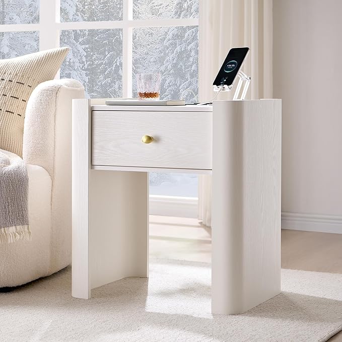 IFGET 23.6" Tall Modern Nightstand with Charging Station, 22" Wide Curved Bedside Table with 1 Storage Drawer, Wooden Night Stand, Large End Table for Bedroom, Living Room, White