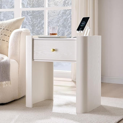 IFGET 23.6" Tall Modern Nightstand with Charging Station, 22" Wide Curved Bedside Table with 1 Storage Drawer, Wooden Night Stand, Large End Table for Bedroom, Living Room, White
