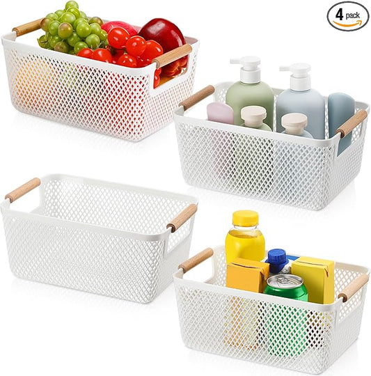 Tioncy 4 Pcs White Mesh Baskets with Wooden Handles Plastic Storage Organizer Baskets Pantry Basket Fruit Vegetables Gathering Basket Bin for Organizing Cabinet Closet Bedroom Kitchen(Small)