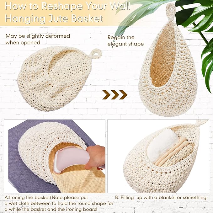 Honeydak Hanging Wall Basket Teardrop Hanging Baskets Onion Basket Coat Bohemian Storage Fruit Wall Hooks for Kitchen Wall Home Restaurant Storage Vegetable, 3 Sizes(White)