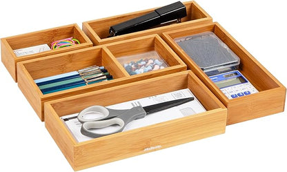 Mind Reader 5-Piece Bamboo Drawer Organizer Set, Stackable Storage Trays for Kitchen, Bathroom, Office, Makeup & Jewelry, Rayon from Bamboo, Brown