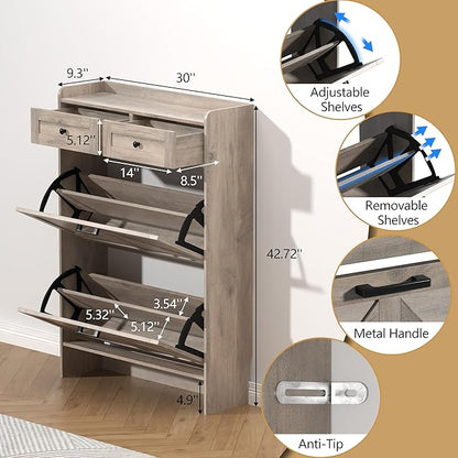 Shoe Cabinet with 2 Flip Drawers & 2 Storage Drawers, Rustic Farmhouse Narrow Shoe Organizer Cabinet, Slim Shoe Rack Cabinet, Shoe Storage Cabinet for Entryway, Hallway, Front Door
