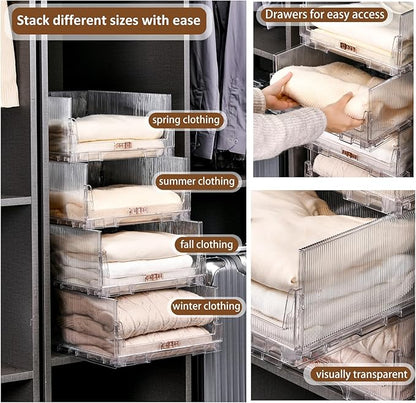 AOTENG STAR Stackable Closet Organizers and Storage Box, Clear Plastic Drawer Shelf Storage Basket for Bathroom Kitchen Laundry Room Wardrobe Storage (4 pack)