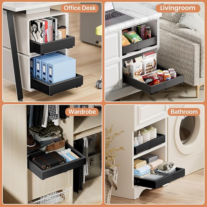 BUFOR 2 Pack Pull out Cabinet Organizer, Width (10"-15") Depth (11"-17"), with 3 Rails Adjustable Slide, Expandable Drawers for Cabinets, No Drill Adhesive Kitchen Drawers for Pantry Shelves black