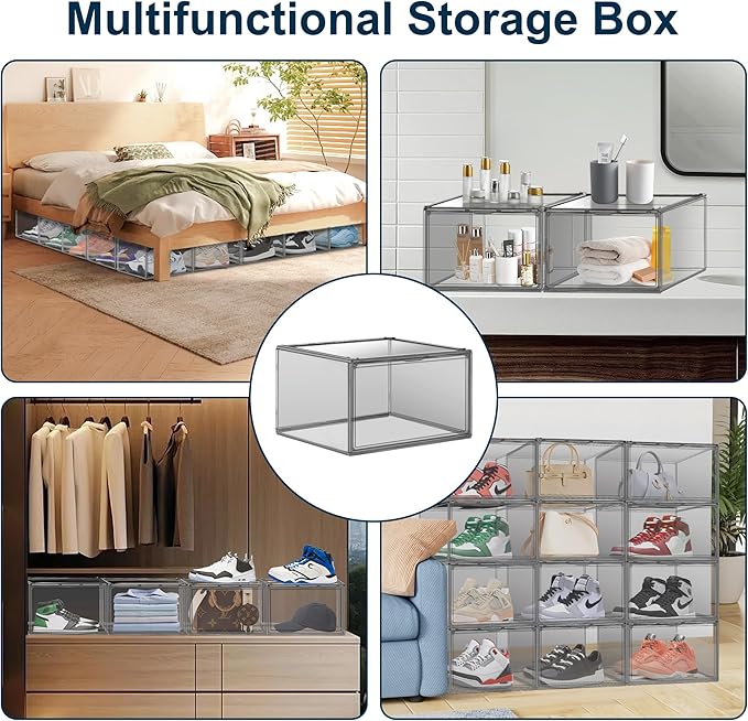 EZJOB 4 Pack Pure Organizer for Closet, Acrylic Shoe Box Size 14, Clear Display Case Handbag Organizer Shoe Box with Lid