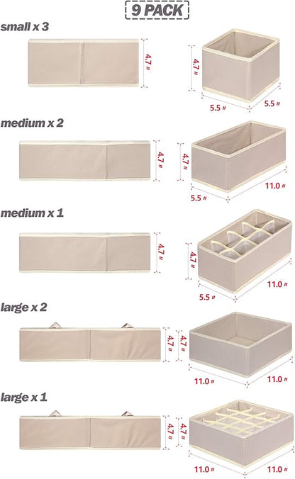 9 Pack Foldable Drawer Organizer Dividers Cloth Storage Box Closet Dresser Organizer Cube Fabric Containers Basket Bins for Underwear Bras Socks Panties Lingeries Nursery Baby Clothes Beige