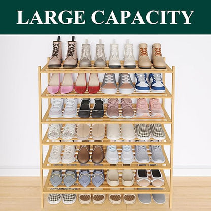 Smiry Long Bamboo Shoe Rack 6-Tier, Stackable Wooden Shoe Organizer for Entryway & Closet, Free Standing Wood Shoe Storage Shelf for Front Door & Small Spaces, Natural