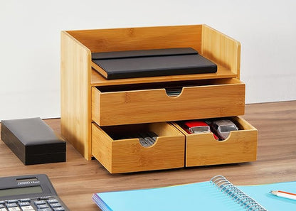 RoyalHouse Premium Natural Bamboo Desktop Organizer, Attractive Design 3 Tier, Table Top Storage for Documents & Office Supplies, Accessories And More, No Assembly Required (3 Drawer with Shelf)