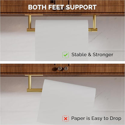 Paper Towel Holder Under Cabinet, Self Adhesive or Wall Mounted SUS304 Stainless Steel Paper Towel Holder for Kitchen, Bathroom, Farmhouse, Barbecue and Laundry (Brushed Gold)