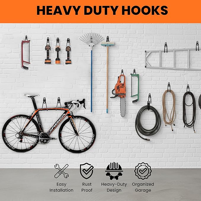 Pack 13 Garage Hooks Heavy Duty | Multi-Sized Wall-Mounted Tool Hangers with Anti-Rust PVC Coating | Heavy Duty Wall Hooks for Bikes, Ladders, Garden Tools, and More