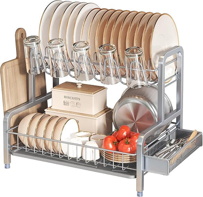 2 Tier Dish Drainers Drying Rack for Kitchen Counter Large Stainless Steel Dishes Drain with Drainboard, Space Saving, Big Modern Silver Countertop Metal Plates Dryer Strainer Holder and Extra Tray
