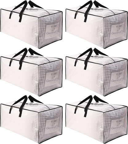 SWEET DOLPHIN 6 Pack Extra Large Moving Bags with Strong Zippers & Carrying Handles, Heavy Duty Storage Tote for Space Saving Moving Storage, Fold Flat, Alternative to Moving Box, Semi-Transparent