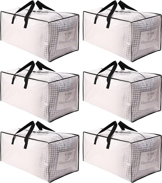 SWEET DOLPHIN 6 Pack Extra Large Moving Bags with Strong Zippers & Carrying Handles, Heavy Duty Storage Tote for Space Saving Moving Storage, Fold Flat, Alternative to Moving Box, Semi-Transparent