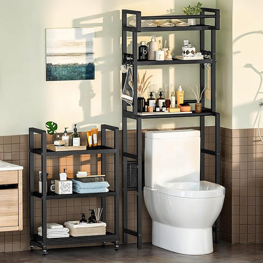 Recaceik 6-Tier Over The Toilet Storage Shelf with Cart, Freestanding Above Toilet Shelf Rack, Farmhouse Bathroom Organizer Shelves, Space Saver (Black)
