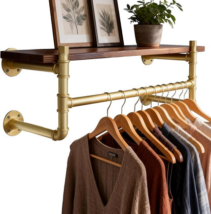 WEBI Wall Mounted Clothes Rack with Shelf,30" Industrial Pipe Clothing Rack with Shelf with Hanging Rod,Heavy Duty Iron Garment Rack Bar,Retail Display Clothes Rod for Laundry Room,Closet,Gold