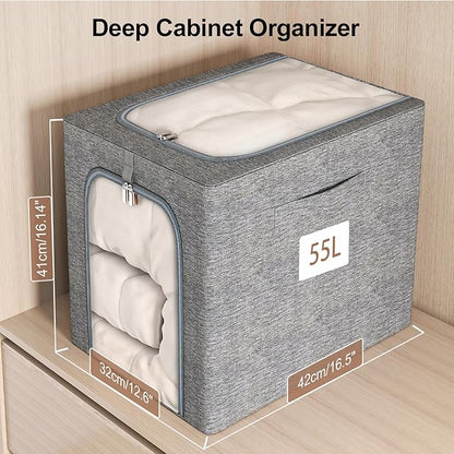 GoMaihe Clothes Storage Bins Metal Frame: 55L Extra Large Stackable Closet Storage Bin with Lid & Clear Window, Heavy Duty Blanket Box for Winter Coats Comforters (Fits Deep Closet 6-Pack)