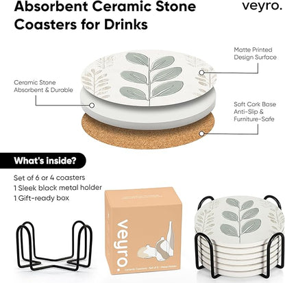 VEYRO Ceramic Coasters Set of 4 – Absorbent Stone Drink Coasters with Holder, Non-Slip Cork Backing, Modern Marble Look Coasters for Coffee Table, Desk & Home Decor
