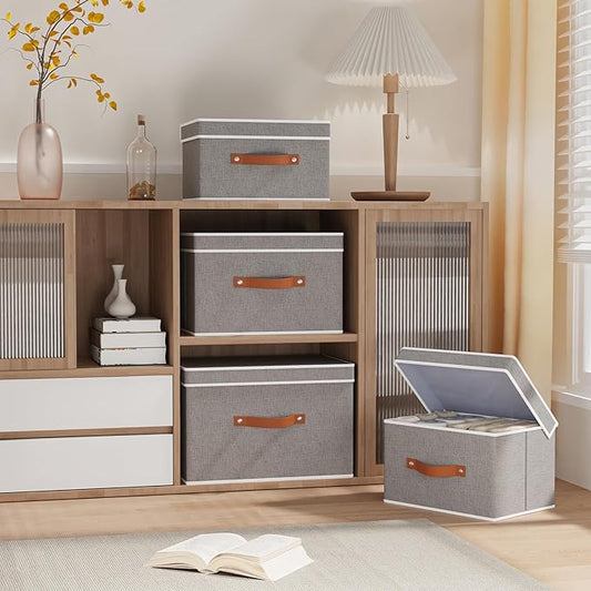 Collapsible Storage Bin with Lid, Linen Collapsible Box, 15 x 9.8 x 9.8 Inch Storage Basket with Double Handles for Laundry Bathroom, Grey, 1-Pack