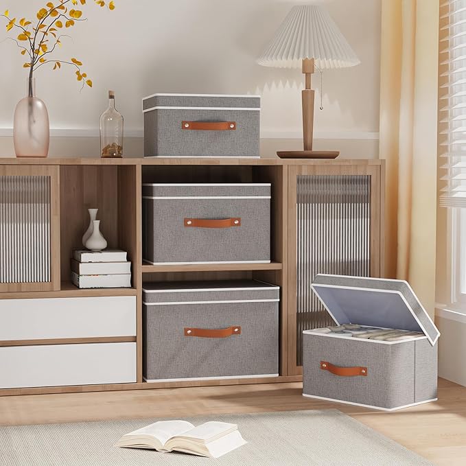 Storage Bins with Lids, Fabric Collapsible Boxes, 17.7 x 11.8 x 11.8 Inch Storage Baskets with Handles for Bedroom Laundry Bathroom, Grey, 5-Pack
