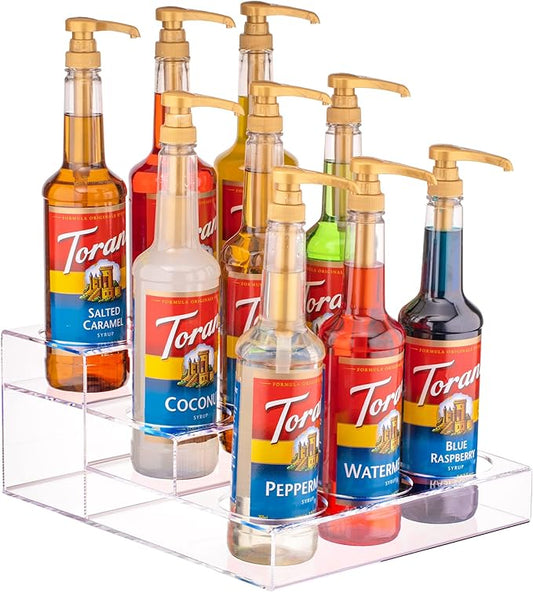 Acrylic Coffee Syrup Organizer Rack | 9 Bottle, 3 Tier Rack | Bar Counter-Top Display Stand | Kitchen, Pantry, Fridge Storage Organizer for Syrups, Wine, Soda, Beer