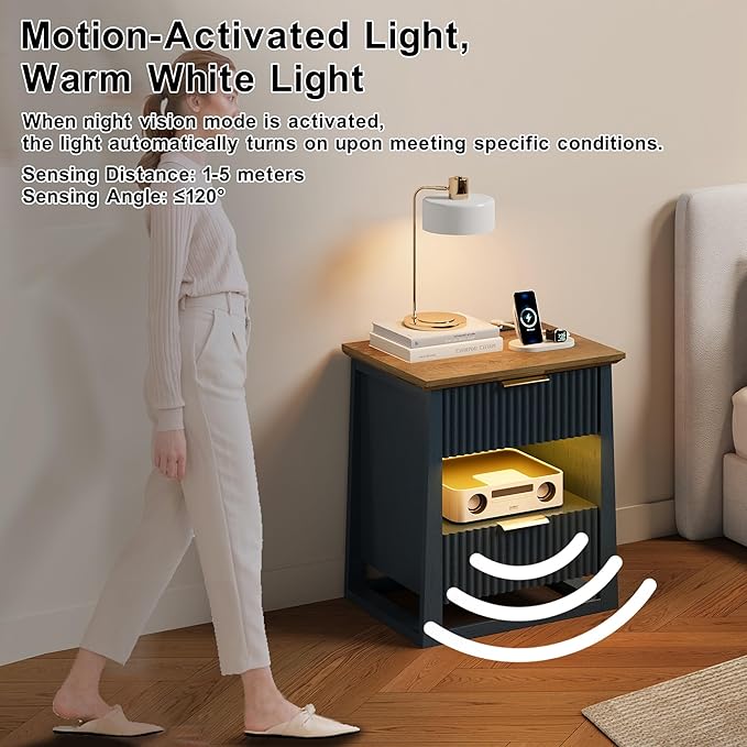 HIFYOBRO Fluted Nightstands with Charging Station & Motion Sensor Light, Modern Bedside Tables with 2 Drawers and Storage Shelf for Bedroom,Blue