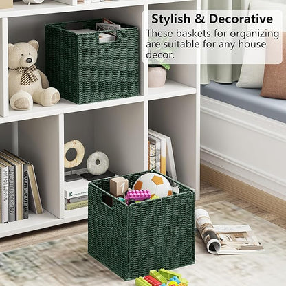 Vagusicc Wicker Storage Basket, Set of 2 Hand-Woven Paper Rope Wicker Baskets, Foldable Cube Storage Bins, Square Storage Baskets for Organizing Shelves & Decor, Green (11″×11″×11″)