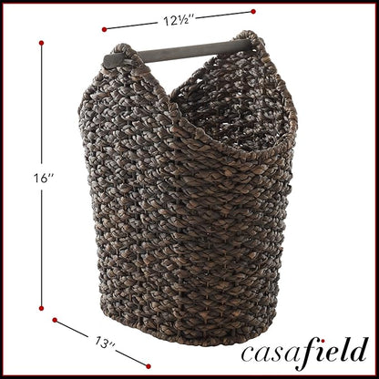 Casafield Toilet Paper Storage Basket with Wood Roll Holder Bar - Espresso, Braided Water Hyacinth Wicker Bathroom Tissue Storage Organizer