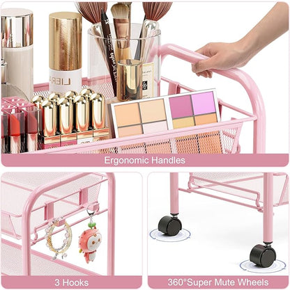 TOOLF 3 Tier Rolling Utility Cart - Durable Metal Design Pink Utility Cart, Storage Trolley on Wheels with 3 Hooks, Perfect for Kitchen, Bathroom & Laundry Room Organization