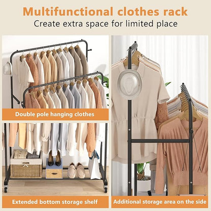 Laiensia Double Rods Garment Rack with Wheels, Clothing Rack for Hanging Clothes,4 Hooks, Multi-functional Bedroom Clothes Rack, Black