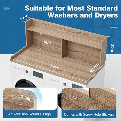Washer Dryer Countertop with Shelf 54" W x 27.5" L Laundry countertop for Washer and Dryer with Edge Rails, Oak