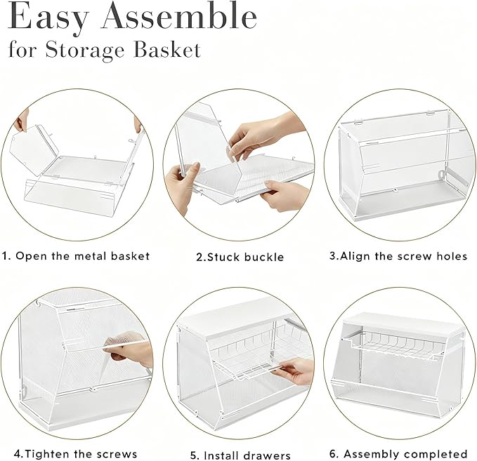 2 Pcs Stackable Fruit Basket with Lid for Kitchen Counter Storage Basket with Drawer Mesh Wall Hanging Wire Baskets with Lid Metal Vegetable Container for Kitchen 13.8 x 8.3 x 9.8''(White)