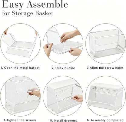 2 Pcs Stackable Fruit Basket with Lid for Kitchen Counter Storage Basket with Drawer Mesh Wall Hanging Wire Baskets with Lid Metal Vegetable Container for Kitchen 13.8 x 8.3 x 9.8''(White)