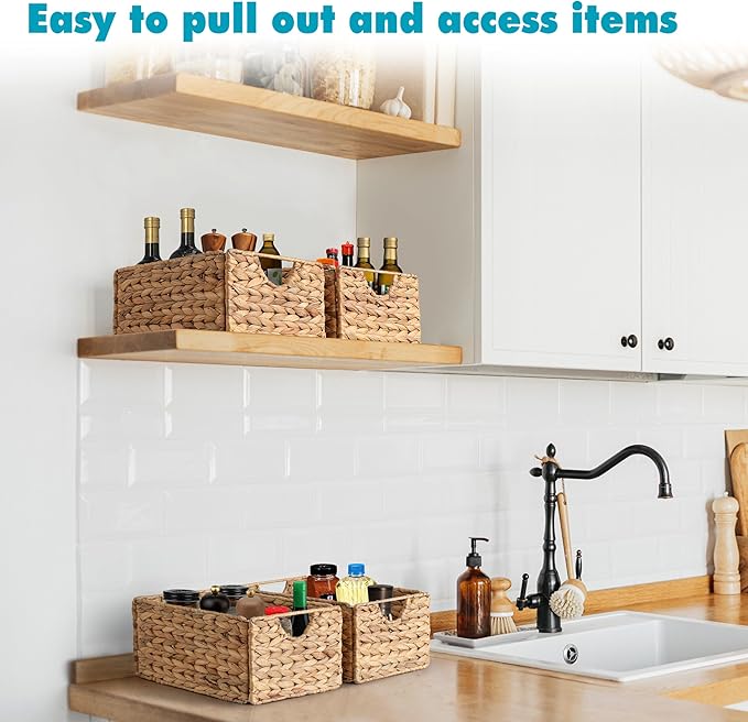 Water Hyacinth Pantry Baskets Set of 4, 12.5 x 9.5 x 6in Wicker Storage Baskets for Shelves, Pantry Baskets Organization, Bathroom Shelves Storage Basket